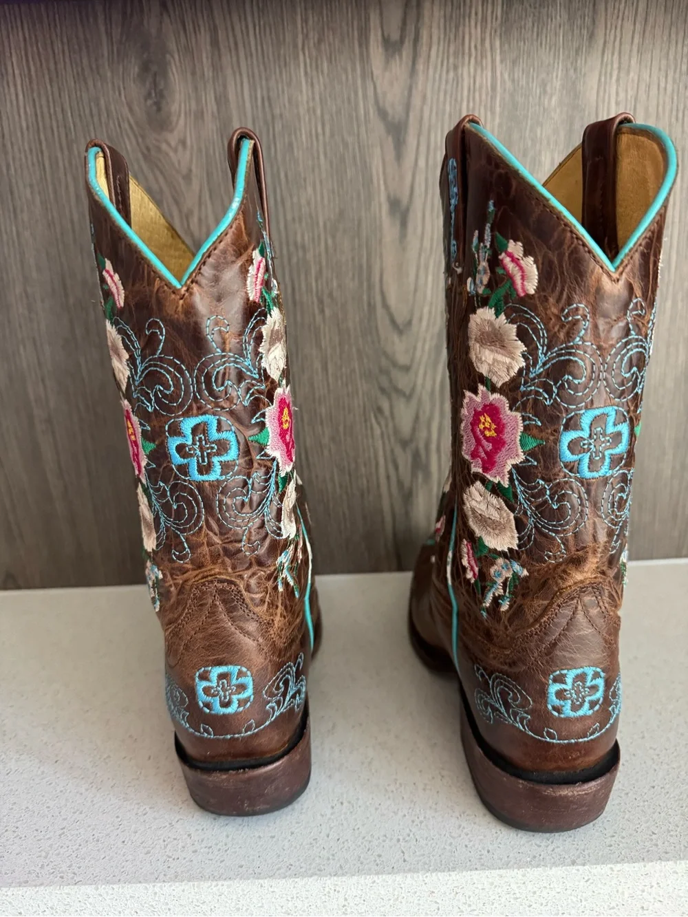 Macie Bean Brown Cowboy Boots with Turquoise Piping and Pink Floral Embroidery